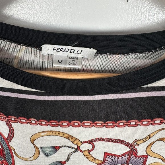 Feratelli Womens Medium Blouse Belted Art Stretch Black 3/4 Sleeves Striped - Picture 7 of 16